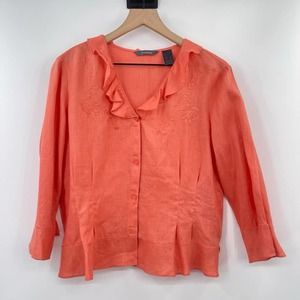 Liz Claiborne 100% Linen Ruffle Button Down Top Womens Sz Lg Orange Embroidered